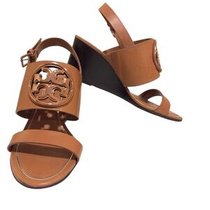 Tory Burch Tan Leather Metal Miller Slingback Wedge Sandals 6M New Without Box